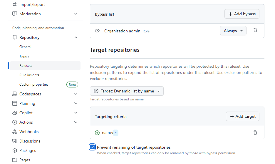 Dynamic list by name / name: * / Prevent renaming of target repositories